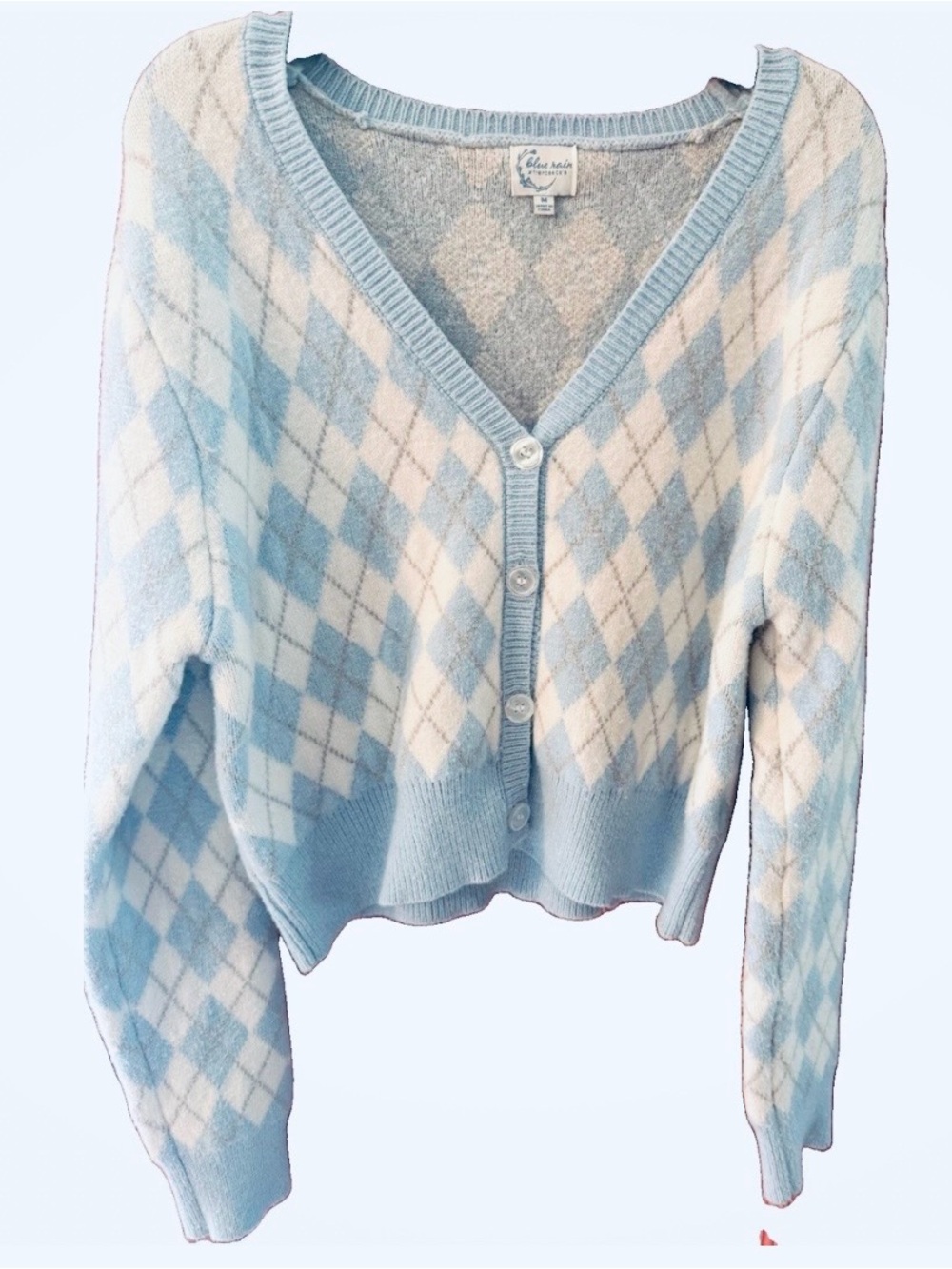 Blue Rain Light Blue & Cream Argyle V-Neck Button Cardigan